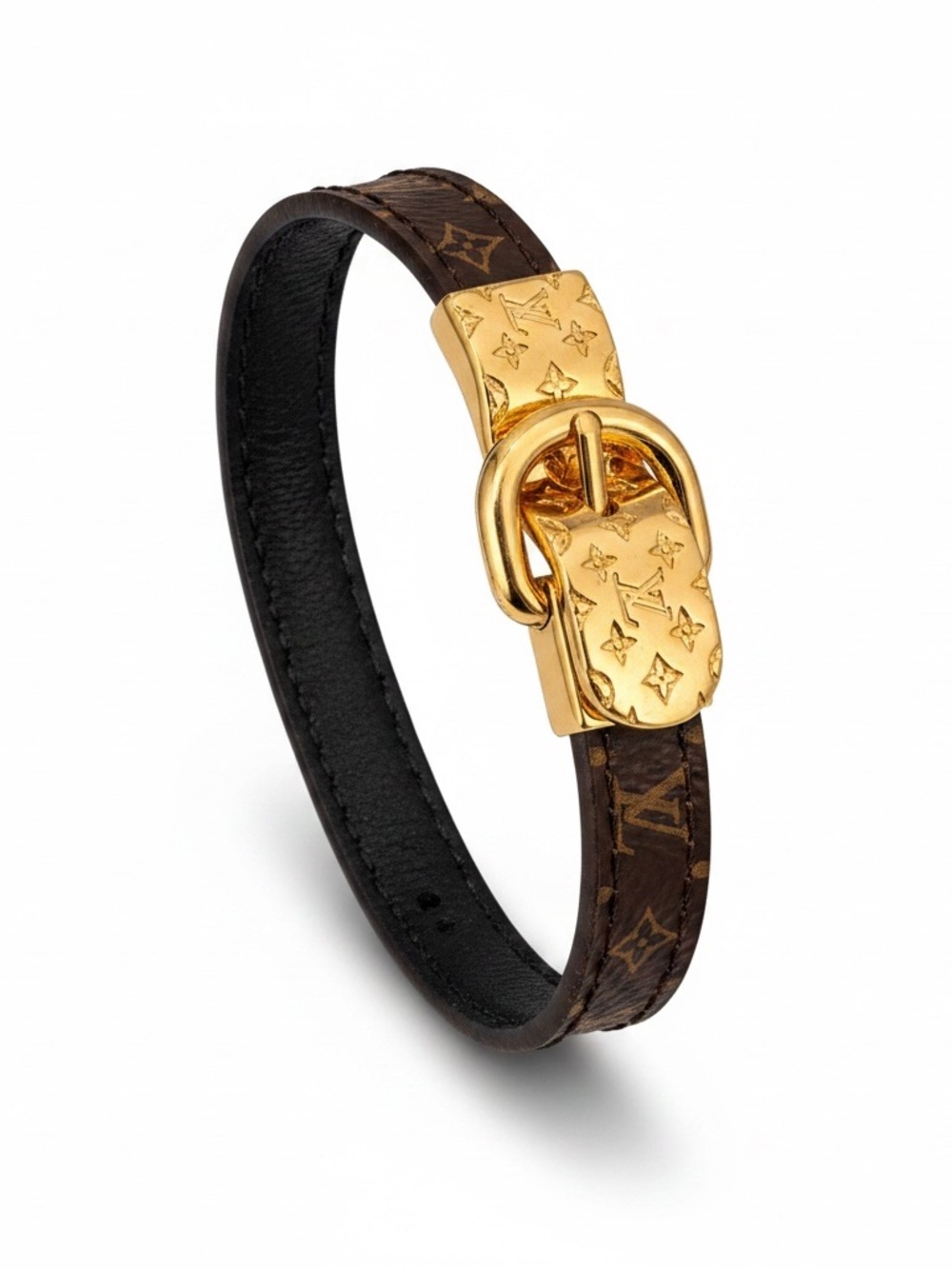 Louis Vuitton Monogram Canvas Leather Bracelet Gold Tone Buckle w/ Dust Bag